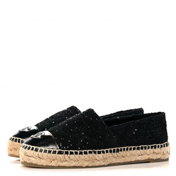 CHANEL Tweed Patent Goatskin Sequin CC Espadrilles 39 Black - Picture 6 of 6